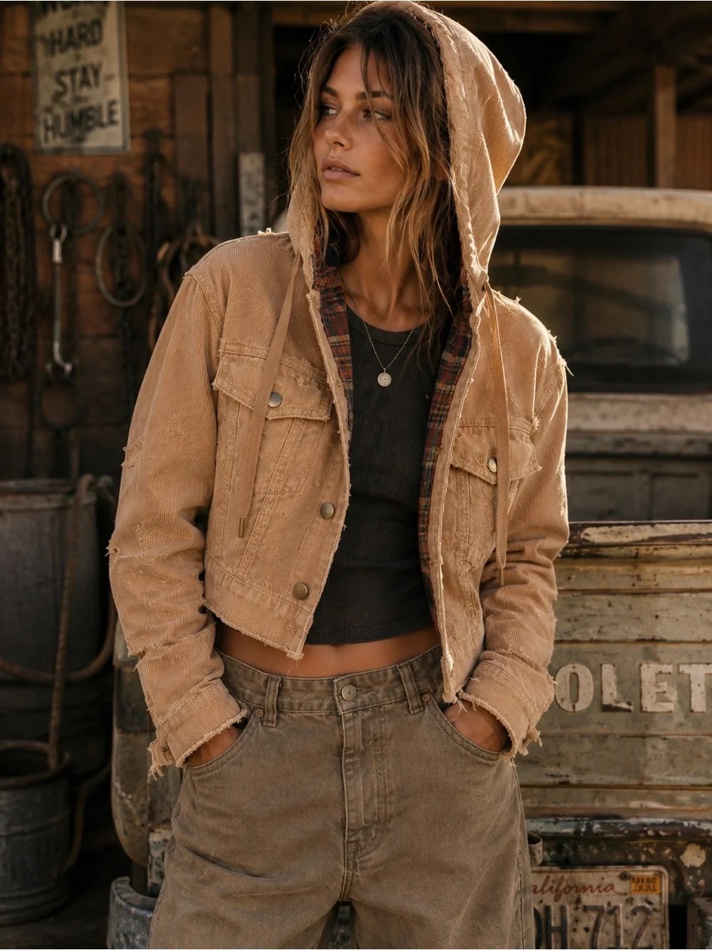 NSF Rusty Corduroy Cropped Jacket with Hood in Copper